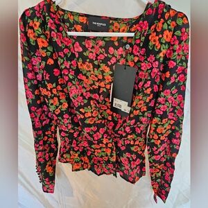 THE KOOPLES Camellia Floral Crossover Silk Blouse In Red/black SZ 1